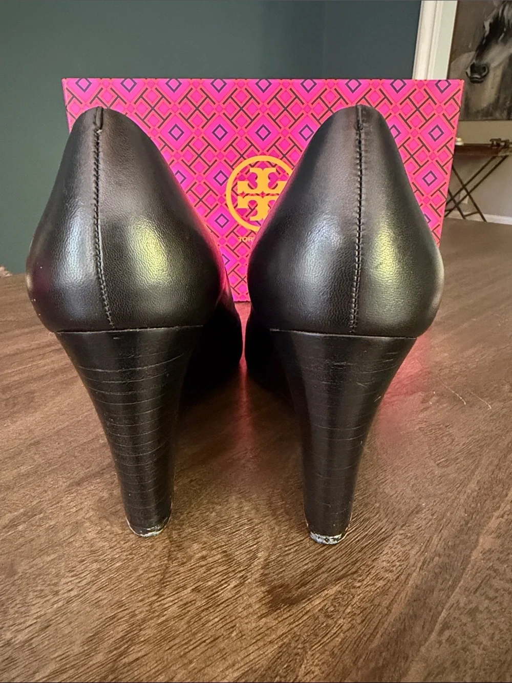 Tory Burch Black Leather Peep-Toe 85MM Wedge Heels with Gold Logo Medallion